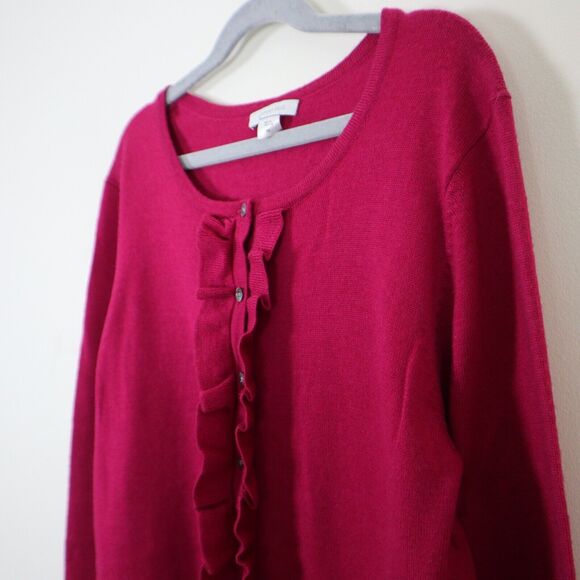 Garnet Hill Size M 100% Merino Wool Ruffle Cardigan Fine Knit Pink Fuchsia - Picture 4 of 9
